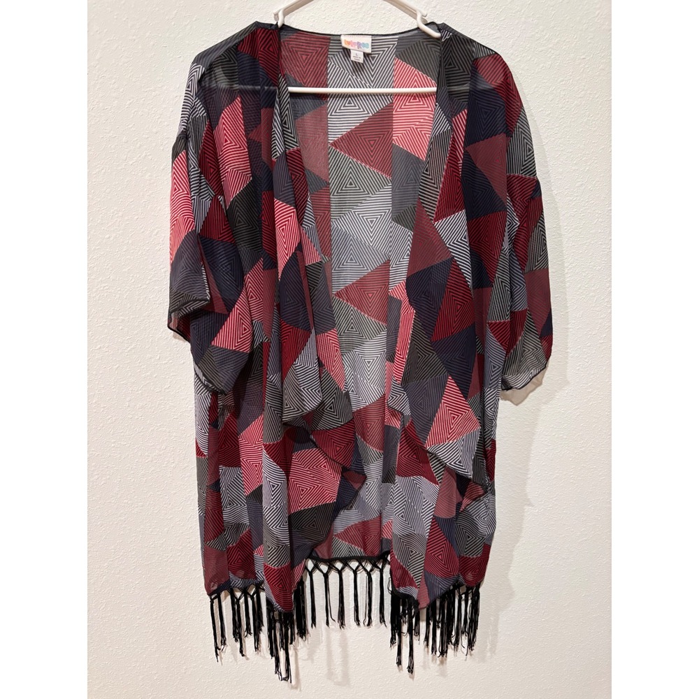 LuLaRoe Geometric Print Kimono Cardigan L Cover Up Fringe Bohemian Festival - Picture 4 of 12
